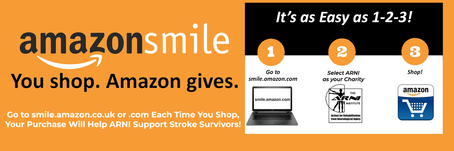 AmazonSmileHomepage2Slideshow copy - DONATE TO STROKE SURVIVORS AT NO EXTRA COST EACH TIME YOU USE AMAZON! - Stroke Rehabilitation and Exercise Training for Survivors & Specialist Stroke Courses for Therapists and Trainers, Online and Face to Face